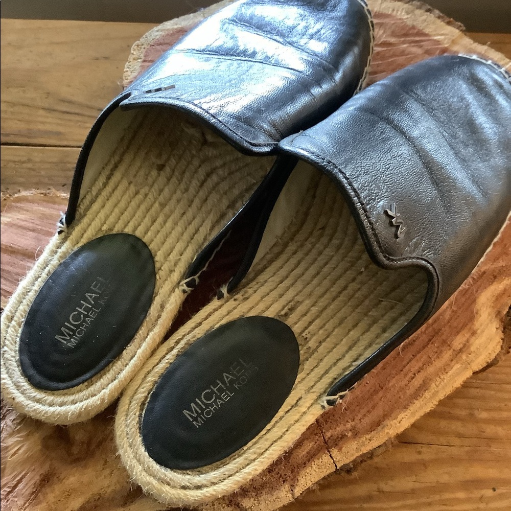 MICHAEL Michael Kors Metallic Black Leather Slip-On Espadrille Mules
